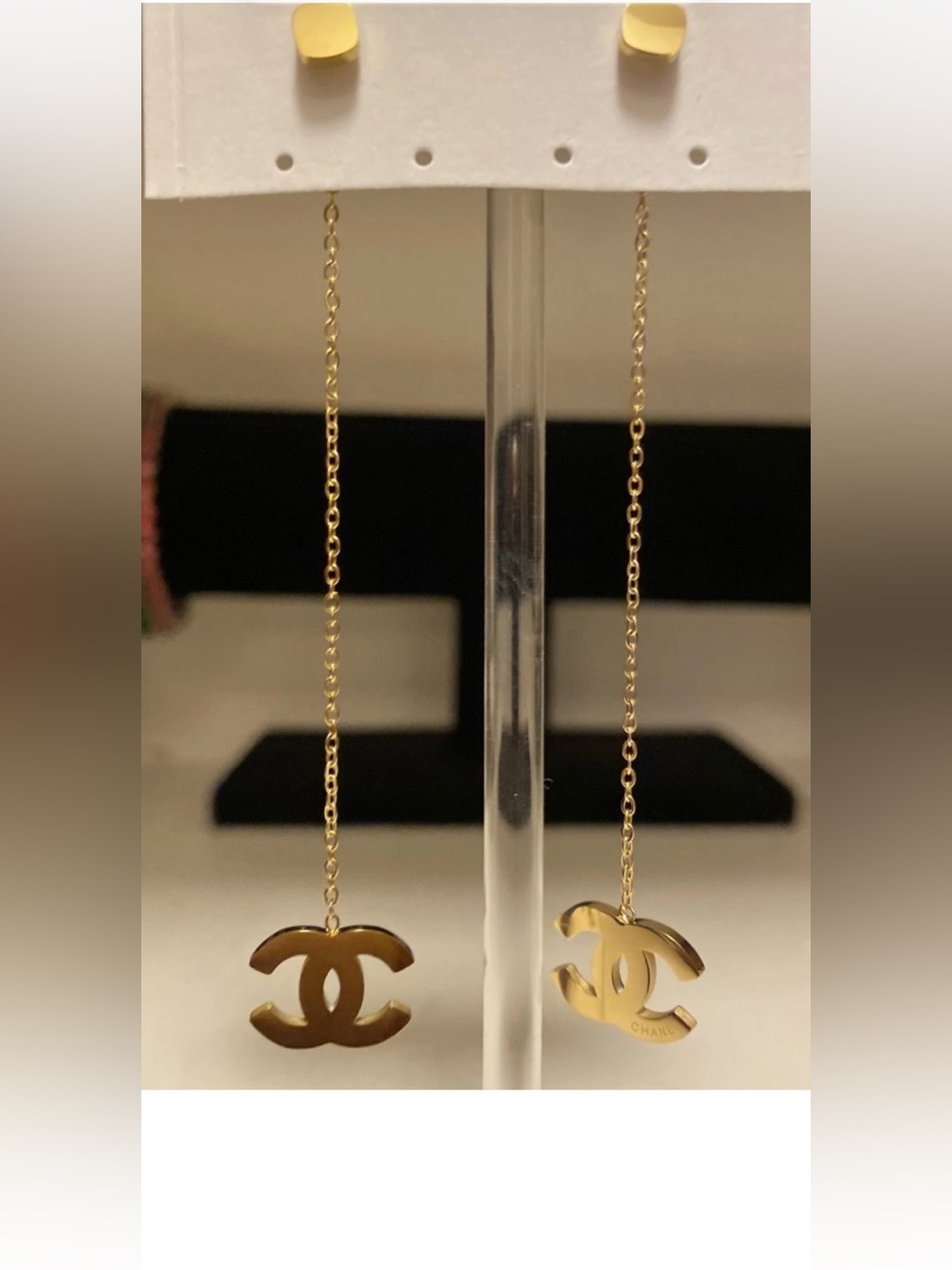 14K Gold Plated earrings dangle drop interlocking CC luxury